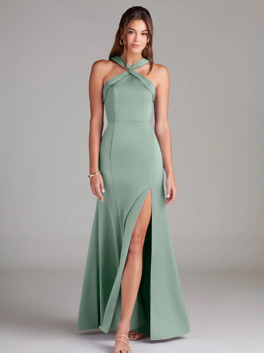 Azazie Mint Sage Cross-Halter Bridesmaid Gown
